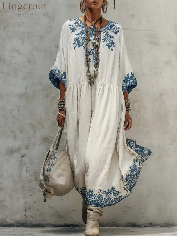 Floral Embroidery Gathered Waist Three Quarter Sleeve Kaftan Maxi Dress - White / S