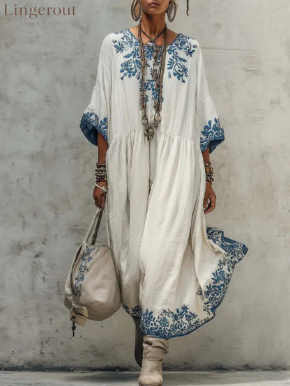 Floral Embroidery Gathered Waist Three Quarter Sleeve Kaftan Maxi Dress - White / S