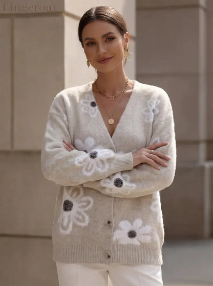 Floral Fuzzy Knit Cardigan - Apricot / S