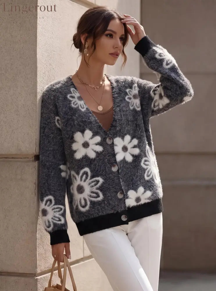 Floral Fuzzy Knit Cardigan - Black / S