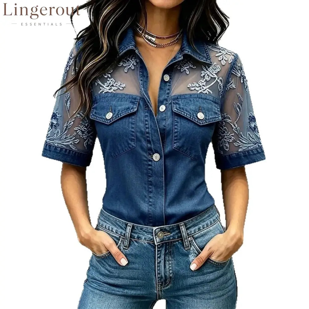 Floral Lace Mesh Denim Shirt