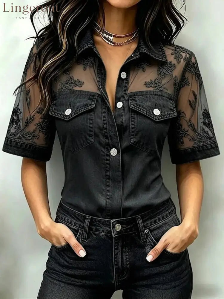 Floral Lace Mesh Denim Shirt - Black / S