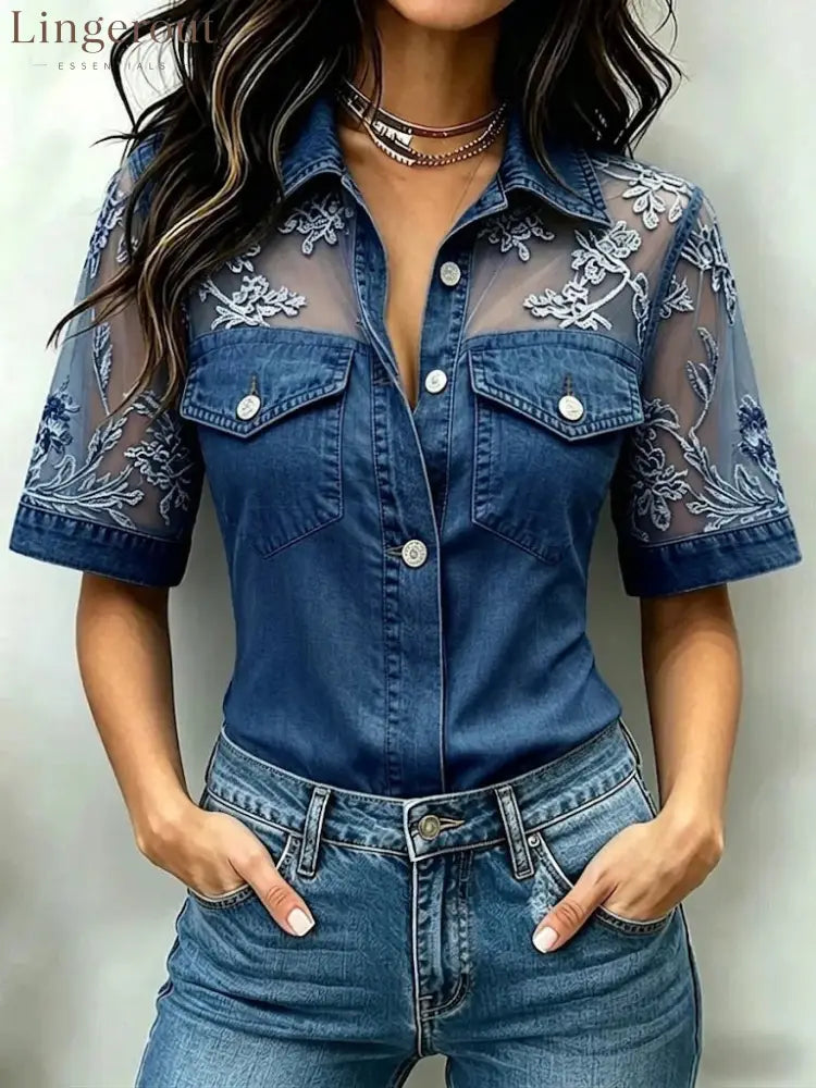 Floral Lace Mesh Denim Shirt - Dark blue / S