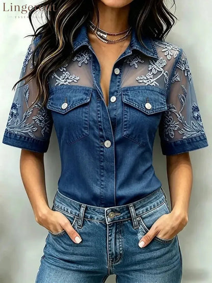 Floral Lace Mesh Denim Shirt - Dark blue / S