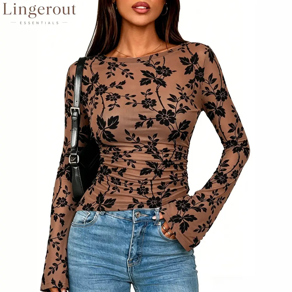 Floral Mesh Ruched Long Sleeve Top