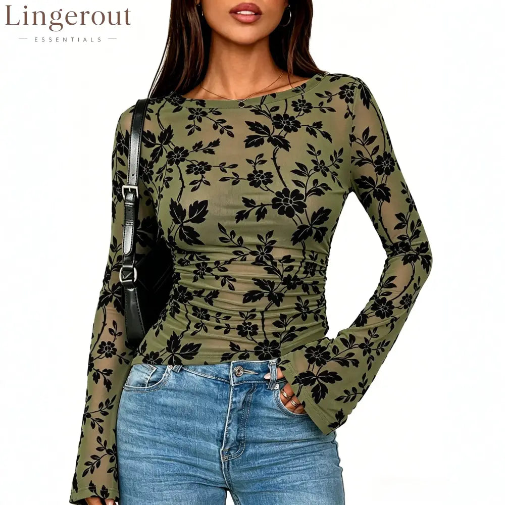 Floral Mesh Ruched Long Sleeve Top