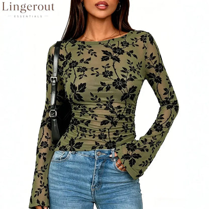 Floral Mesh Ruched Long Sleeve Top