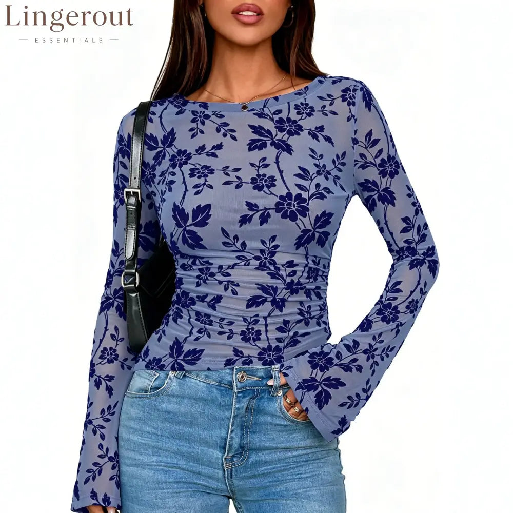 Floral Mesh Ruched Long Sleeve Top