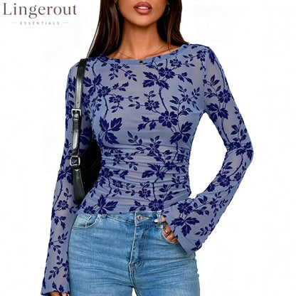 Floral Mesh Ruched Long Sleeve Top