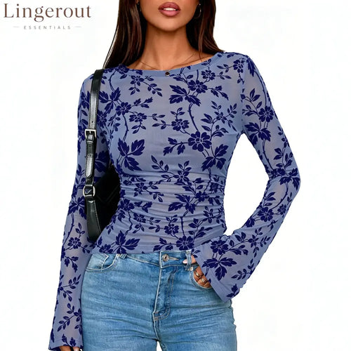 Floral Mesh Ruched Long Sleeve Top