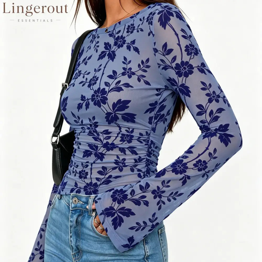 Floral Mesh Ruched Long Sleeve Top
