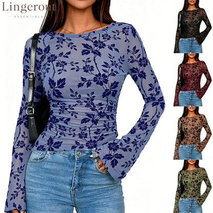 Floral Mesh Ruched Long Sleeve Top