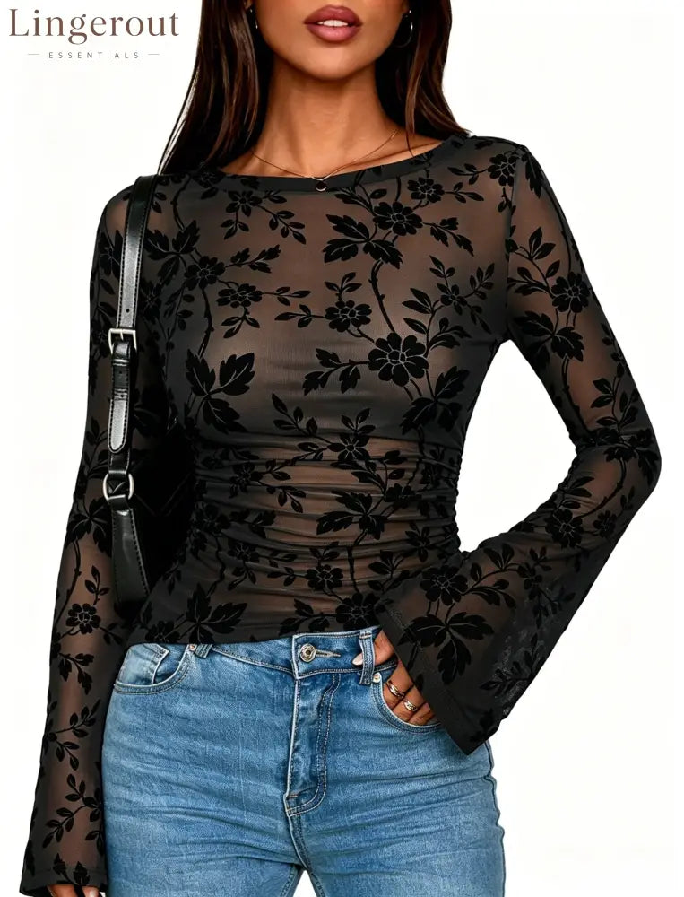 Floral Mesh Ruched Long Sleeve Top - Black / S