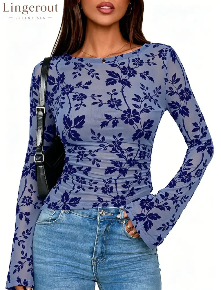 Floral Mesh Ruched Long Sleeve Top - Blue / S