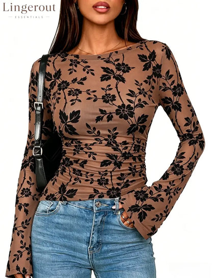 Floral Mesh Ruched Long Sleeve Top - Brown / S