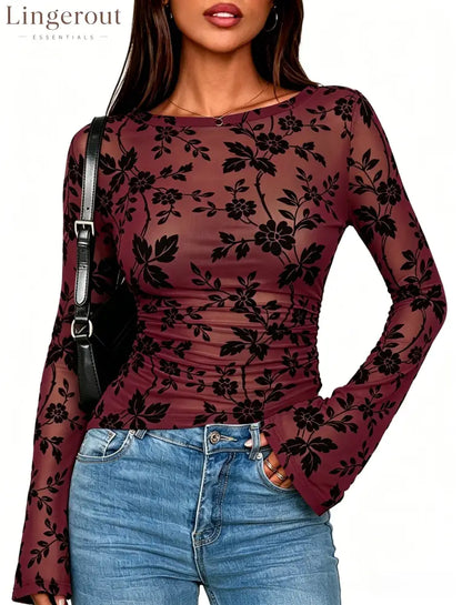 Floral Mesh Ruched Long Sleeve Top - Burgundy / S