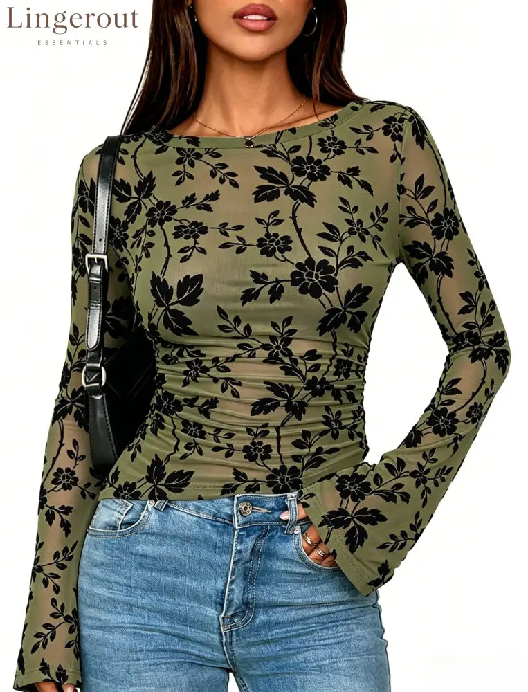 Floral Mesh Ruched Long Sleeve Top - Green / S