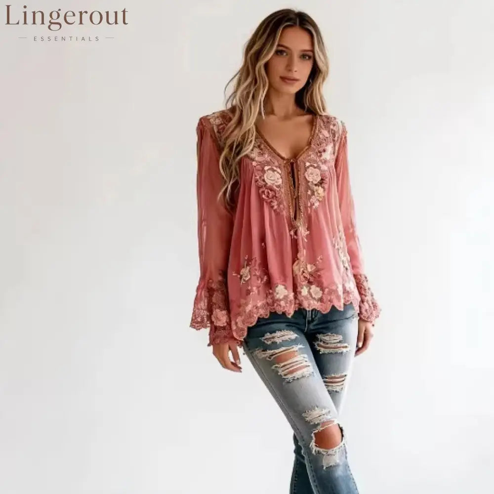 Floral Pattern V Neck Semi-Transparent Long Sleeve Blouse