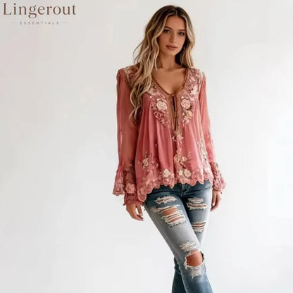 Floral Pattern V Neck Semi-Transparent Long Sleeve Blouse