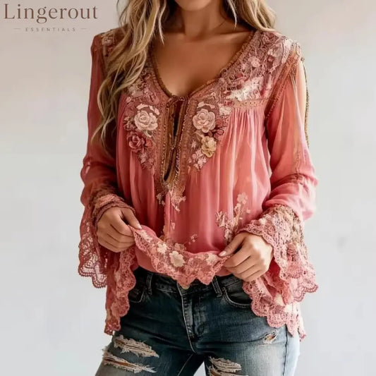 Floral Pattern V Neck Semi-Transparent Long Sleeve Blouse - Pink / S