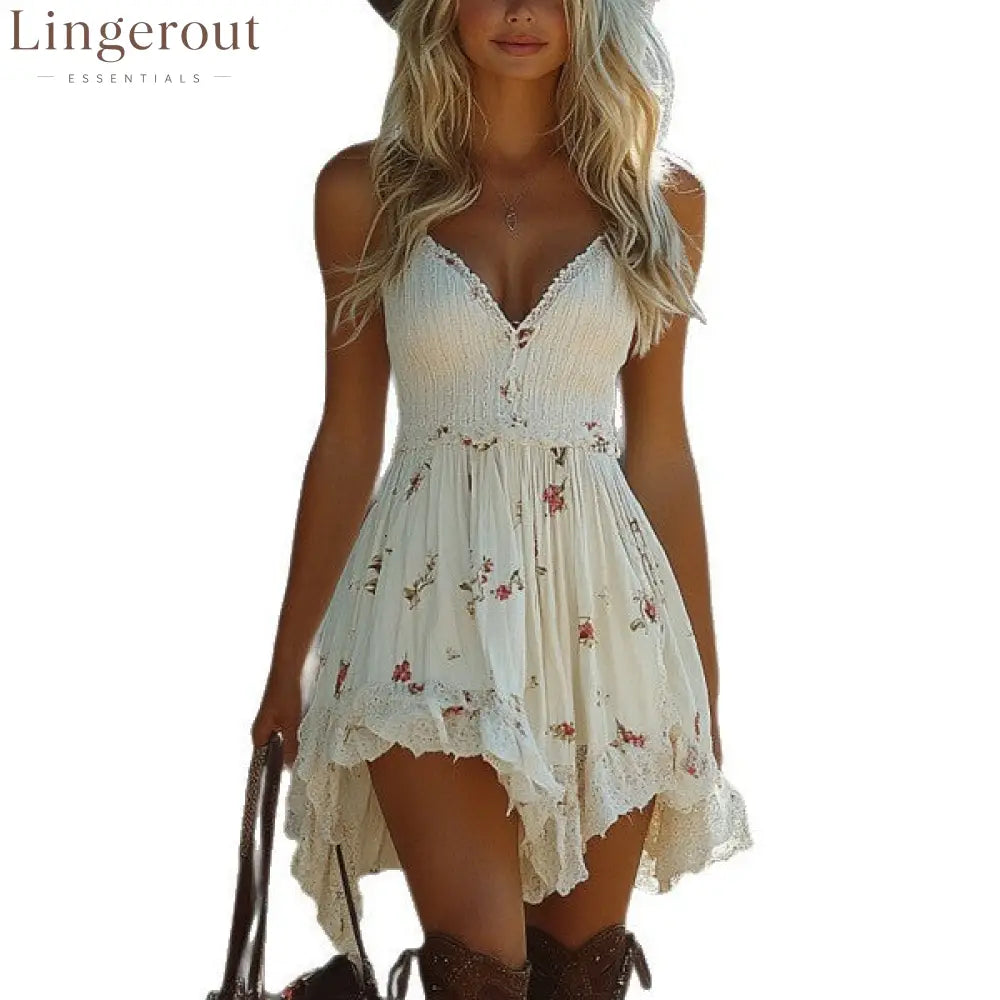 Floral Print Lace Trim Spaghetti Strap High Low Mini Dress