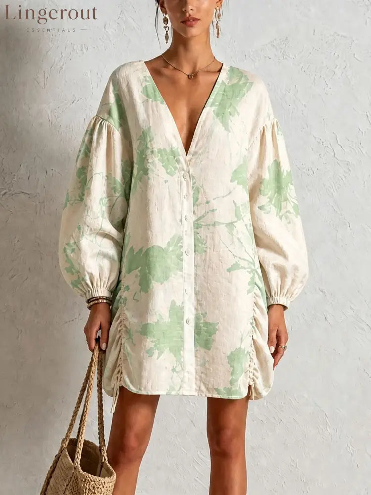Floral Print Linen‑Blend Button‑Front Mini Shirt Dress
