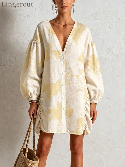 Floral Print Linen‑Blend Button‑Front Mini Shirt Dress