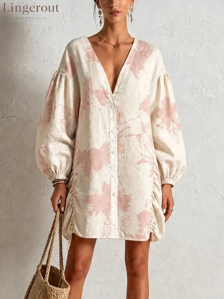 Floral Print Linen‑Blend Button‑Front Mini Shirt Dress