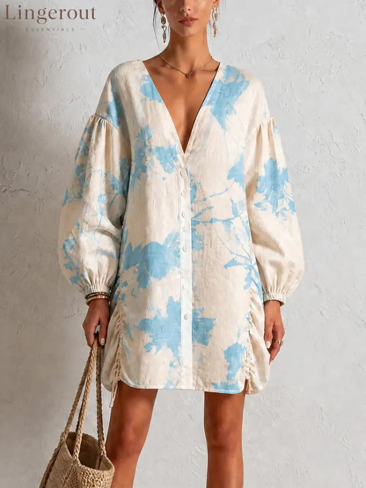 Floral Print Linen‑Blend Button‑Front Mini Shirt Dress - Light Blue / S