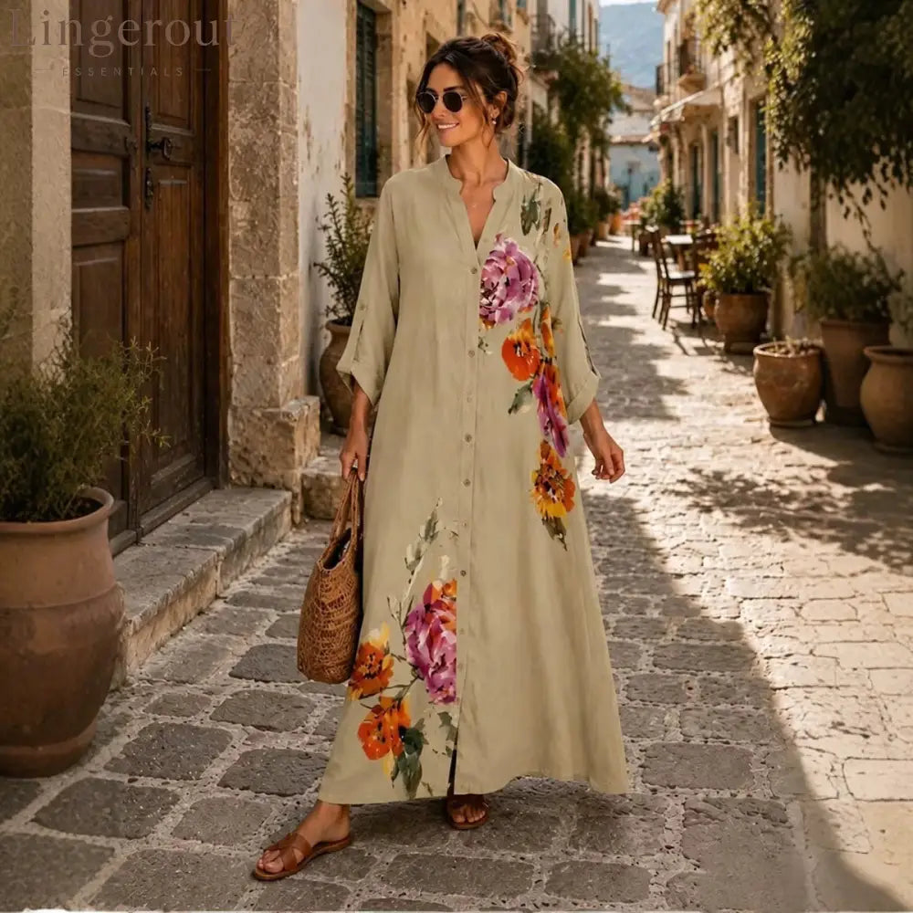 Floral Print Linen Button Down Maxi Dress