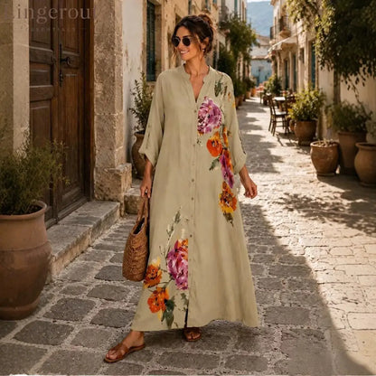 Floral Print Linen Button Down Maxi Dress
