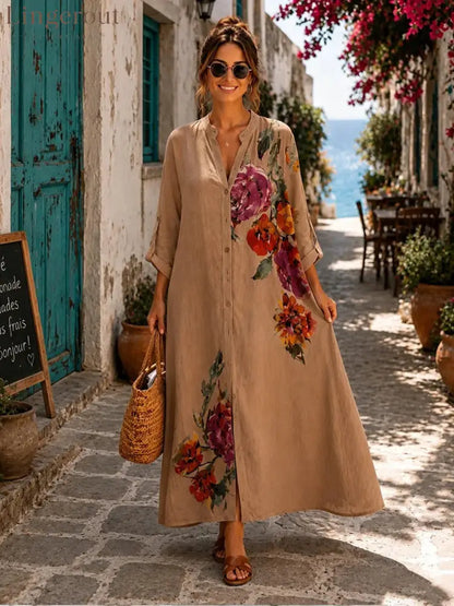 Floral Print Linen Button Down Maxi Dress - Brown / S