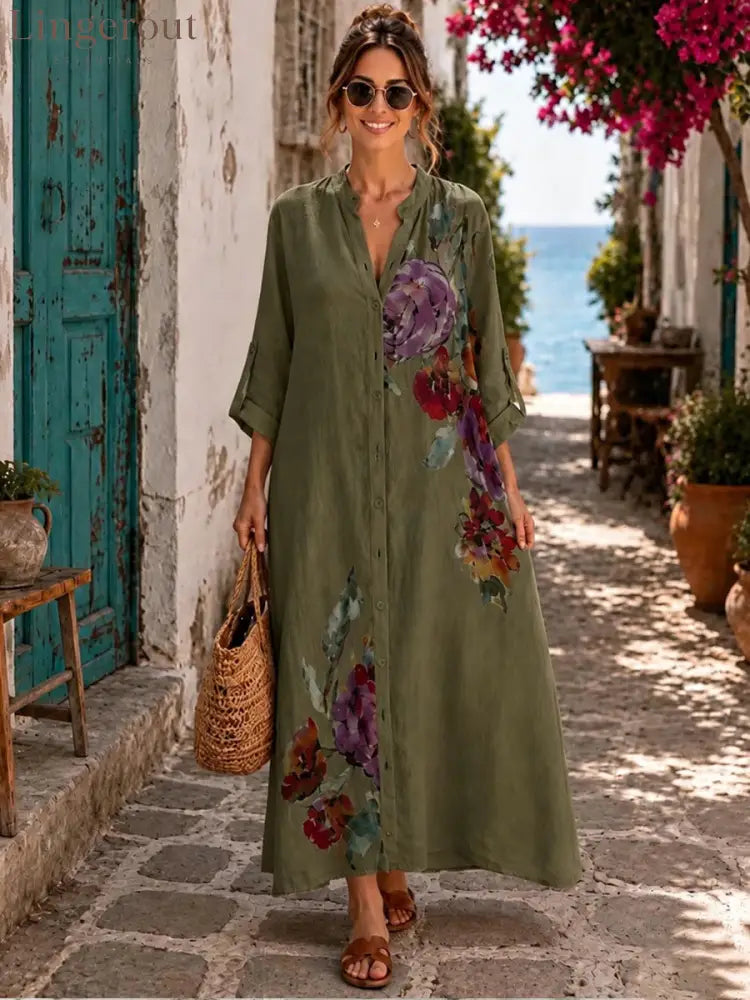 Floral Print Linen Button Down Maxi Dress - Green / S