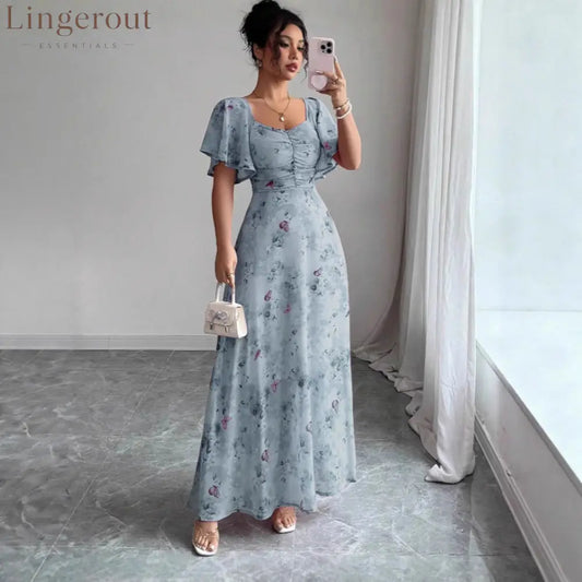 Floral Print Ruched Flutter Sleeve Maxi Dress