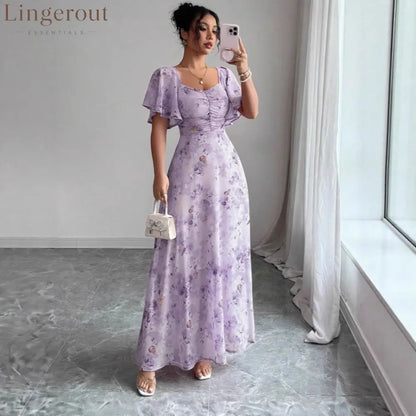 Floral Print Ruched Flutter Sleeve Maxi Dress