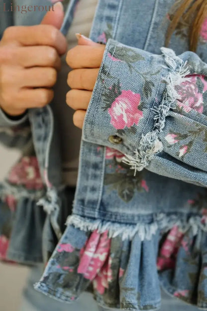 Floral Print Ruffled Denim Jacket