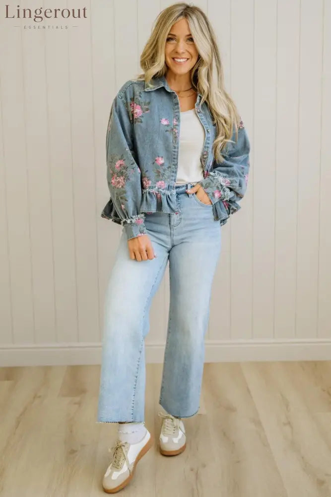 Floral Print Ruffled Denim Jacket