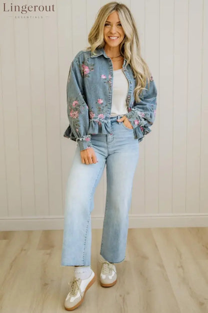 Floral Print Ruffled Denim Jacket