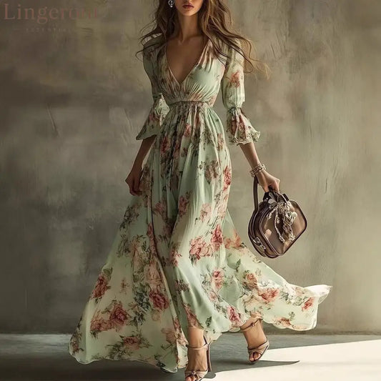 Floral Print V-Neck 3/4 Ruffle Sleeve Flowy Maxi Dress - Light green / S