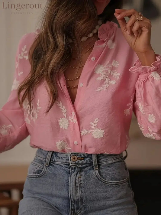 Flower Button Up Long Sleeve Shirt - Pink / S