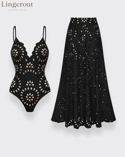 Flower Hollow One Piece Swimsuit and Skirt - Black / S
