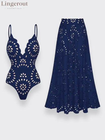 Flower Hollow One Piece Swimsuit and Skirt - Navy / S