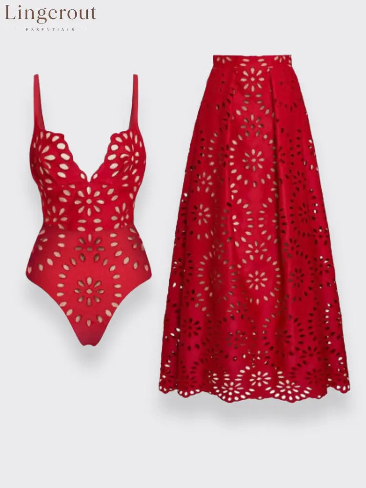 Flower Hollow One Piece Swimsuit and Skirt - Red / S