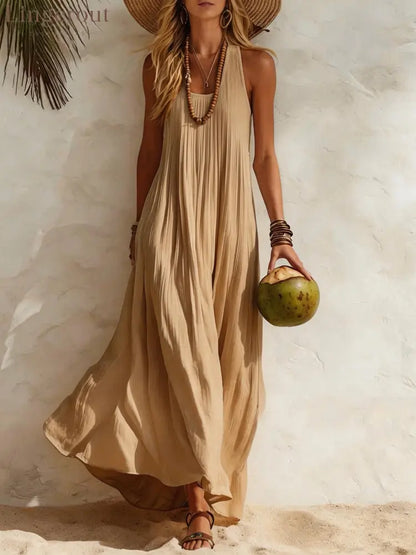 Flowy Halter Maxi Dress - Khaki / S