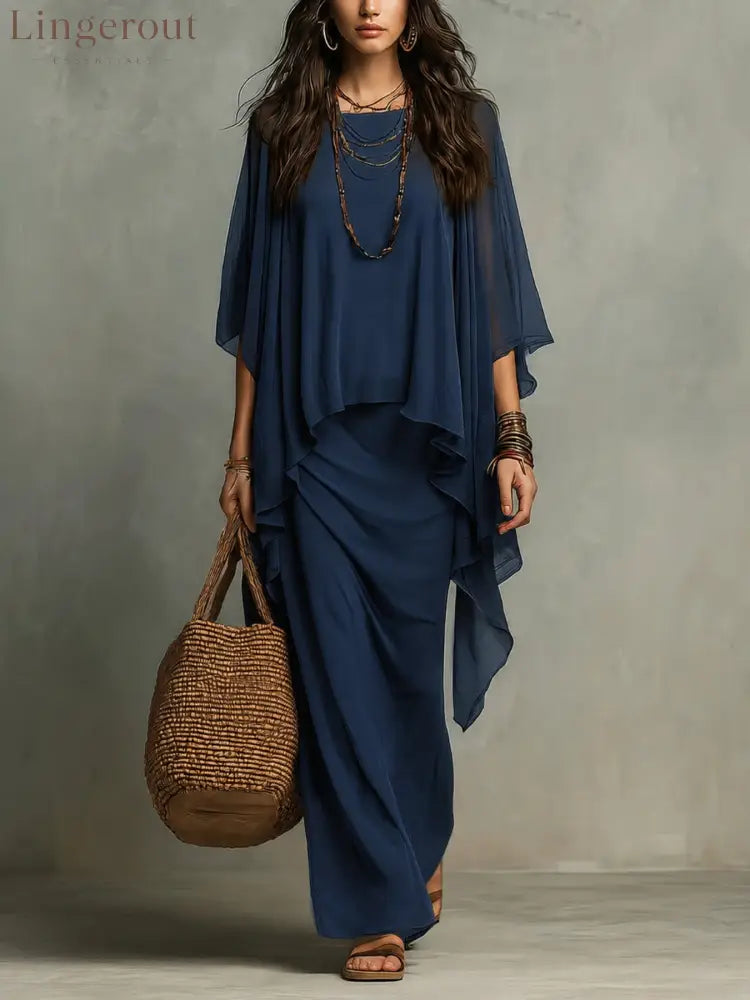 Flowy Linen Blend Poncho Top & Skirt Set