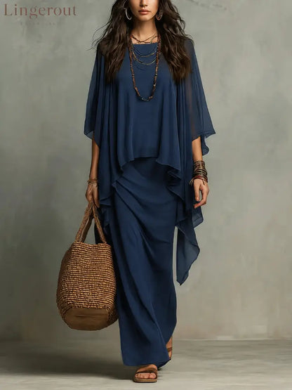 Flowy Linen Blend Poncho Top & Skirt Set