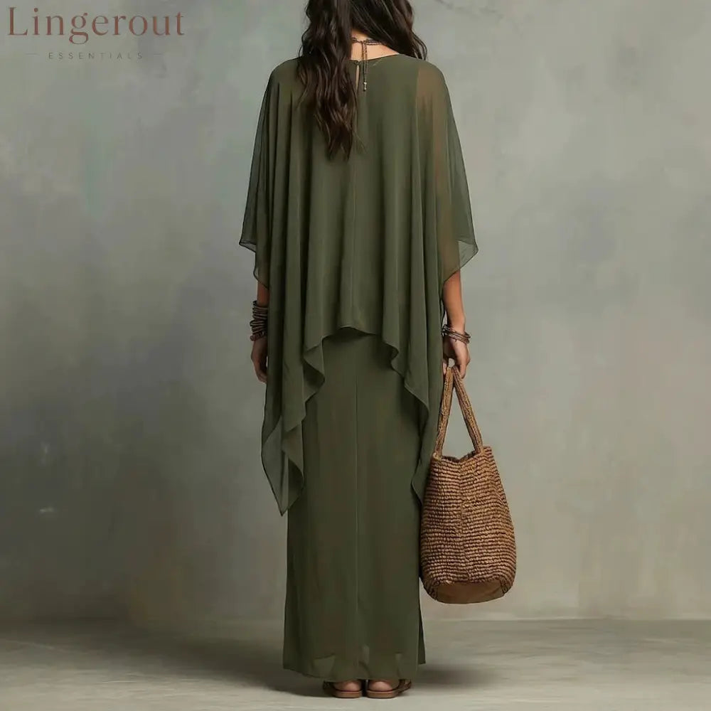 Flowy Linen Blend Poncho Top & Skirt Set