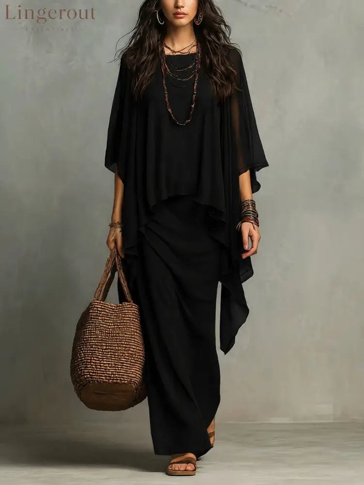 Flowy Linen Blend Poncho Top & Skirt Set - Black / S