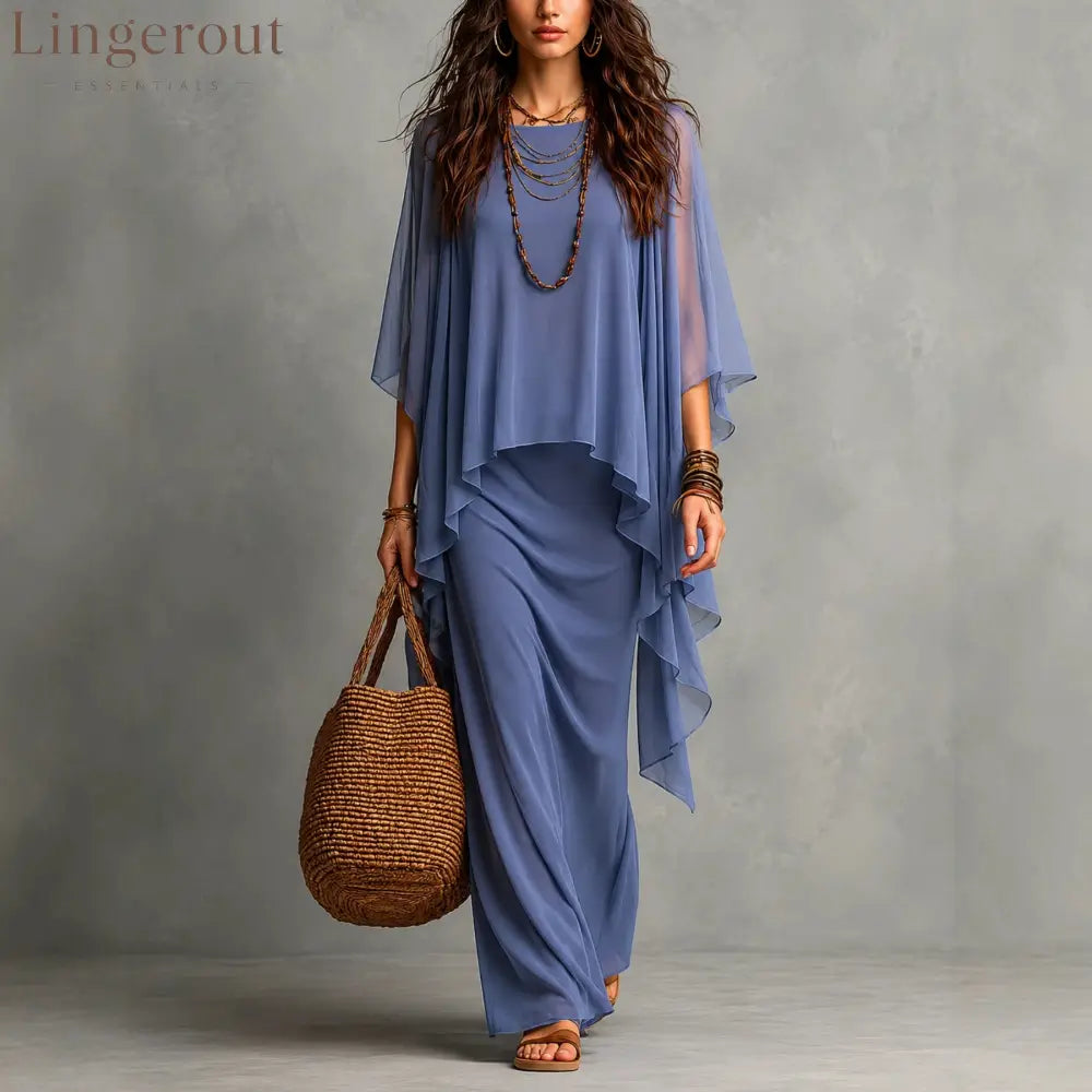 Flowy Linen Blend Poncho Top & Skirt Set - Light blue / S