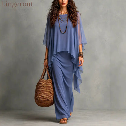Flowy Linen Blend Poncho Top & Skirt Set - Light blue / S